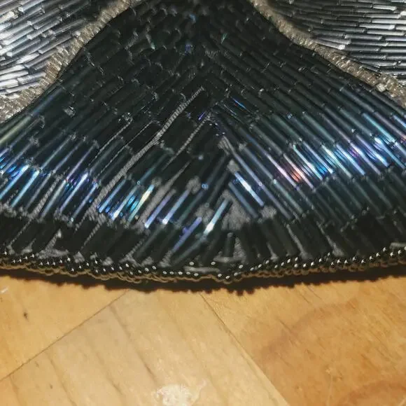 Vintage bugle glass beads 80s purse shoulder EVENING bag black gold silver blue - Picture 5 of 7